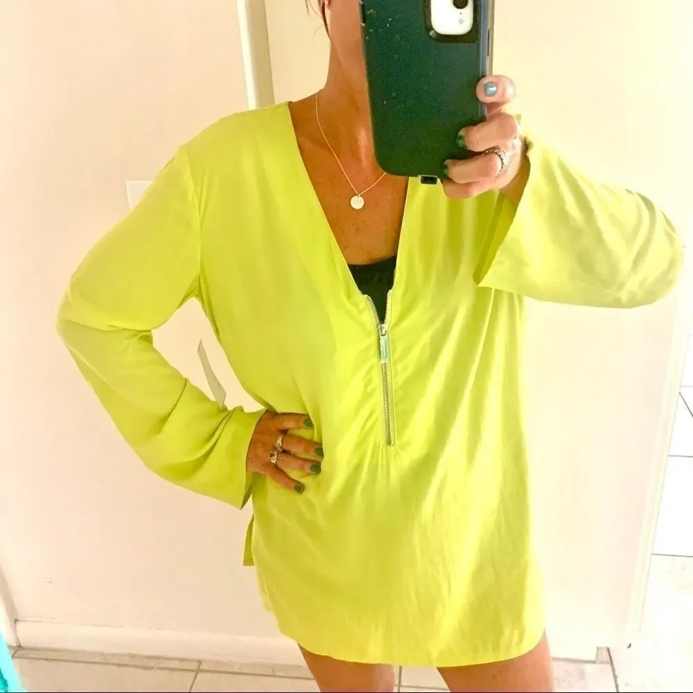 NWT MICHEAL KORS LIME GREEN ZIP FRONT TUNIC TOP